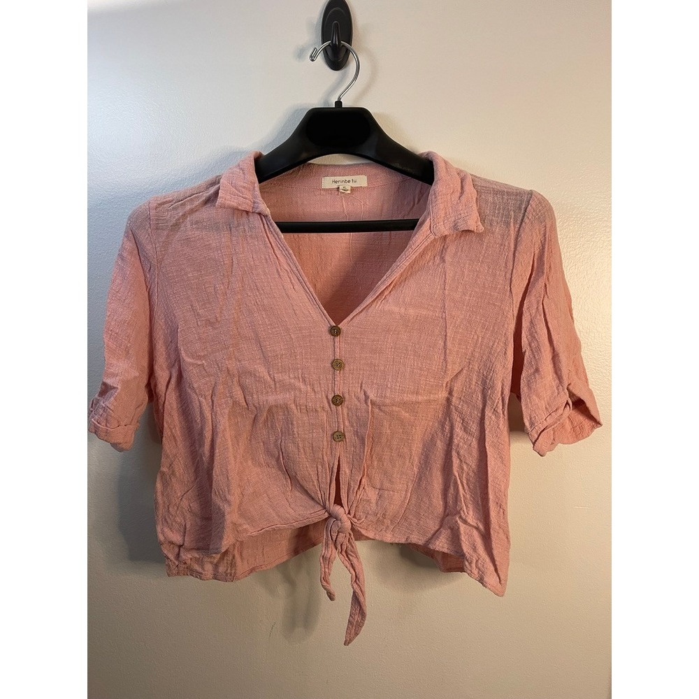 Herinbe tu Kids Pink Cotton Gauze Tie Front Button Up Blouse XL M11134